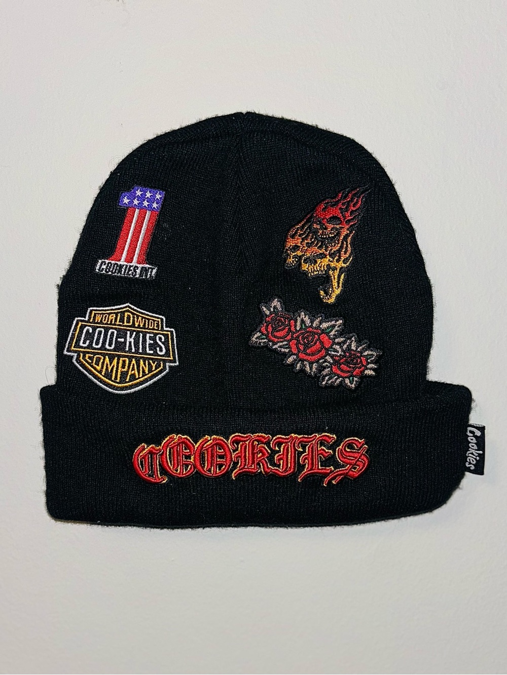 Cookies Black Knit Beanie with Embroidered Patches